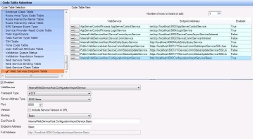 The web service endpoint table option selected on the code table selection tab with the selections filled in.